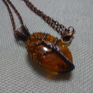 Rustic "AMBER" Handmade COPPER WIRE-WRAPPED TREE Pendant/Chain #705B